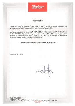 N&N KOŠÁTKY, s.r.o. - Zetor - Certifikát prodejce traktorů a systémů Zetor a orginálních náhradních dílů