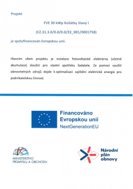 Projekt instalace fotovoltaické elektrárny Košátky Slaný I - spolufinancován Evropskou unií