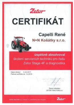 RENÉ CAPELLI - Zetor - Certifikát <br /> servisní technik pro řadu Zetor Stage 4F a diagnostika
