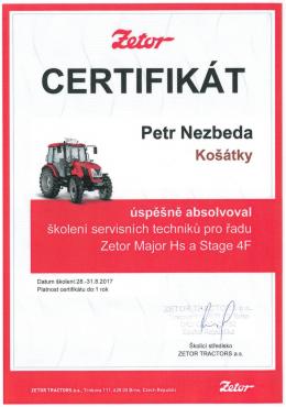 PETR NEZBEDA - Zetor - Certifikát servisní technik pro řadu Zetor Major Hs a Stage 4F