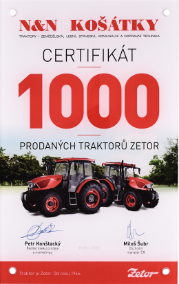 Certifikát 1 000 prodaných traktorů Zetor - 