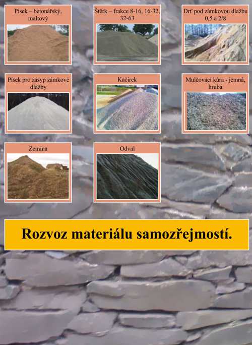 Písek, štěrk, mulčovací kůra Písek, štěrk, mulčovací kůra