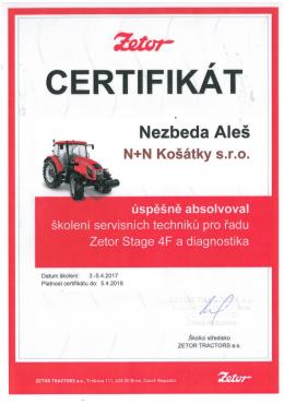 ALEŠ NEZBEDA - Zetor - Certifikát <br /> servisní technik pro řadu Zetor Stage 4F a diagnostika
