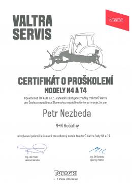 PETR NEZBEDA - Valtra servis - Certifikát o proškolení pro modely N4 a T4