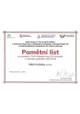 Pamětní list - za umístění v TOP 5 Národní ceny za kvalitu v rodinném podnikání v roce 2022