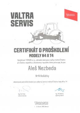 ALEŠ NEZBEDA - Valtra servis -  Certifikát o proškolení pro modely N4 a T4