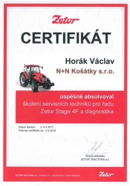 VÁCLAV HORÁK - Zetor - Certifikát <br /> servisní technik pro řadu Zetor Stage 4F a diagnostika