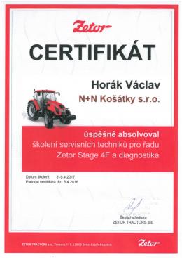 VÁCLAV HORÁK - Zetor - Certifikát <br /> servisní technik pro řadu Zetor Stage 4F a diagnostika