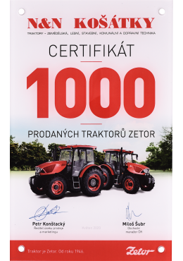Certifikát 1 000 prodaných traktorů Zetor - 