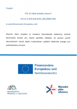 Projekt instalace fotovoltaické elektrárny Košátky Slaný II - spolufinancován Evropskou unií